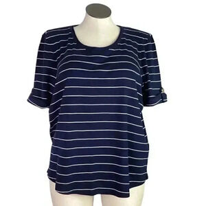 Chicos Women XXL Cotton Stripe Cuff Elbow Tee Top Blue White Short Sleeve NEW